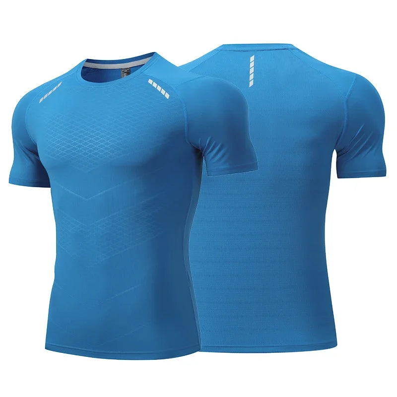 Hommes mince glace soie hauts course à manches courtes sport T-shirt gymnase Fitness entraînement musculaire sweat sec ajustement serré survêtements