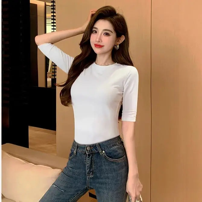 T-shirt en coton à manches moyennes pour femmes, col haut, intérieur mince, astronomique, manches moyennes, Y-Soft respirant