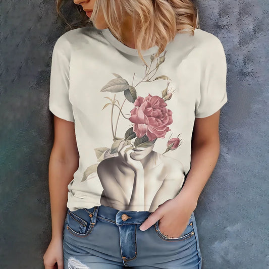 T-shirt femme avec sculpture beige et motif floral - Art Style décontracté été col rond manches courtes