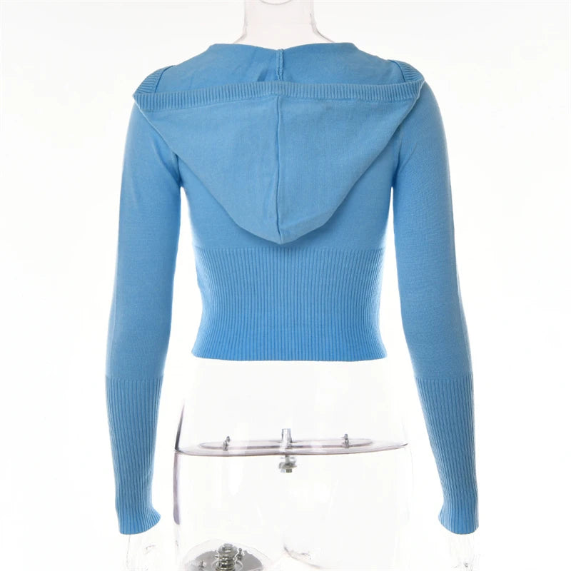 Tenue 2 pièces en tricot côtelé pour femmes, manches longues, fermeture éclair, coupe cintrée, haut court à capuche, pantalon Long élastique, ensemble survêtements Y2K