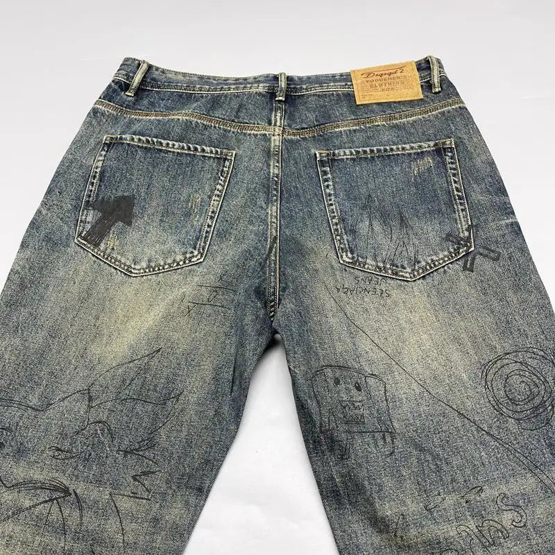 Jean rétro imprimé vieil délavé pour hommes, coupe ample, Micro-conique, petit pantalon droit, tendance de rue, printemps et automne