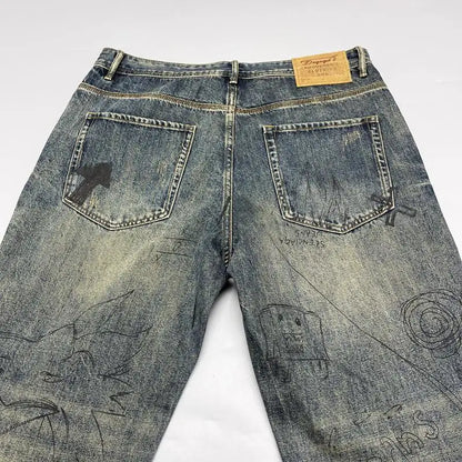 Jean rétro imprimé vieil délavé pour hommes, coupe ample, Micro-conique, petit pantalon droit, tendance de rue, printemps et automne