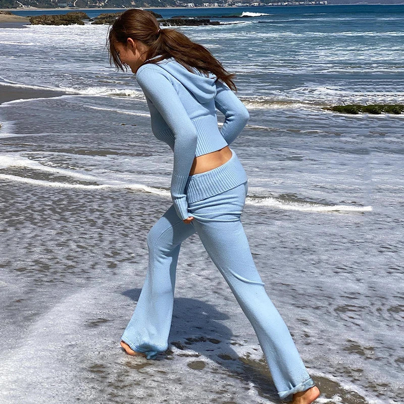 Tenue 2 pièces en tricot côtelé pour femmes, manches longues, fermeture éclair, coupe cintrée, haut court à capuche, pantalon Long élastique, ensemble survêtements Y2K