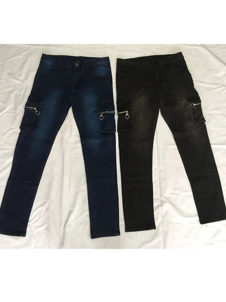 Jean homme Denim Cargo pantalon lavage couleur unie Multi poches décontracté taille moyenne pantalon rue Elasti coupe ajustée usage quotidien Joggers