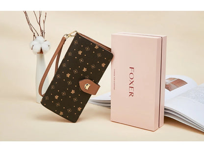 FOXER femmes Long portefeuille carte et porte-passeport élégant pochette dame monogramme PVC avec bracelet sac de téléphone portable femme porte-monnaie
