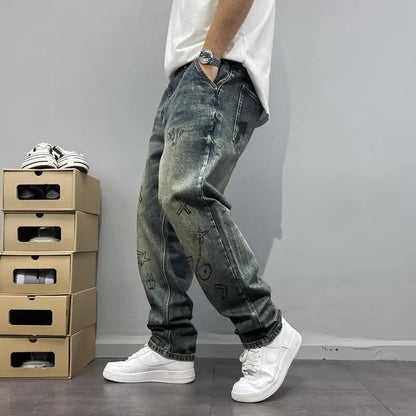 Jean rétro imprimé vieil délavé pour hommes, coupe ample, Micro-conique, petit pantalon droit, tendance de rue, printemps et automne