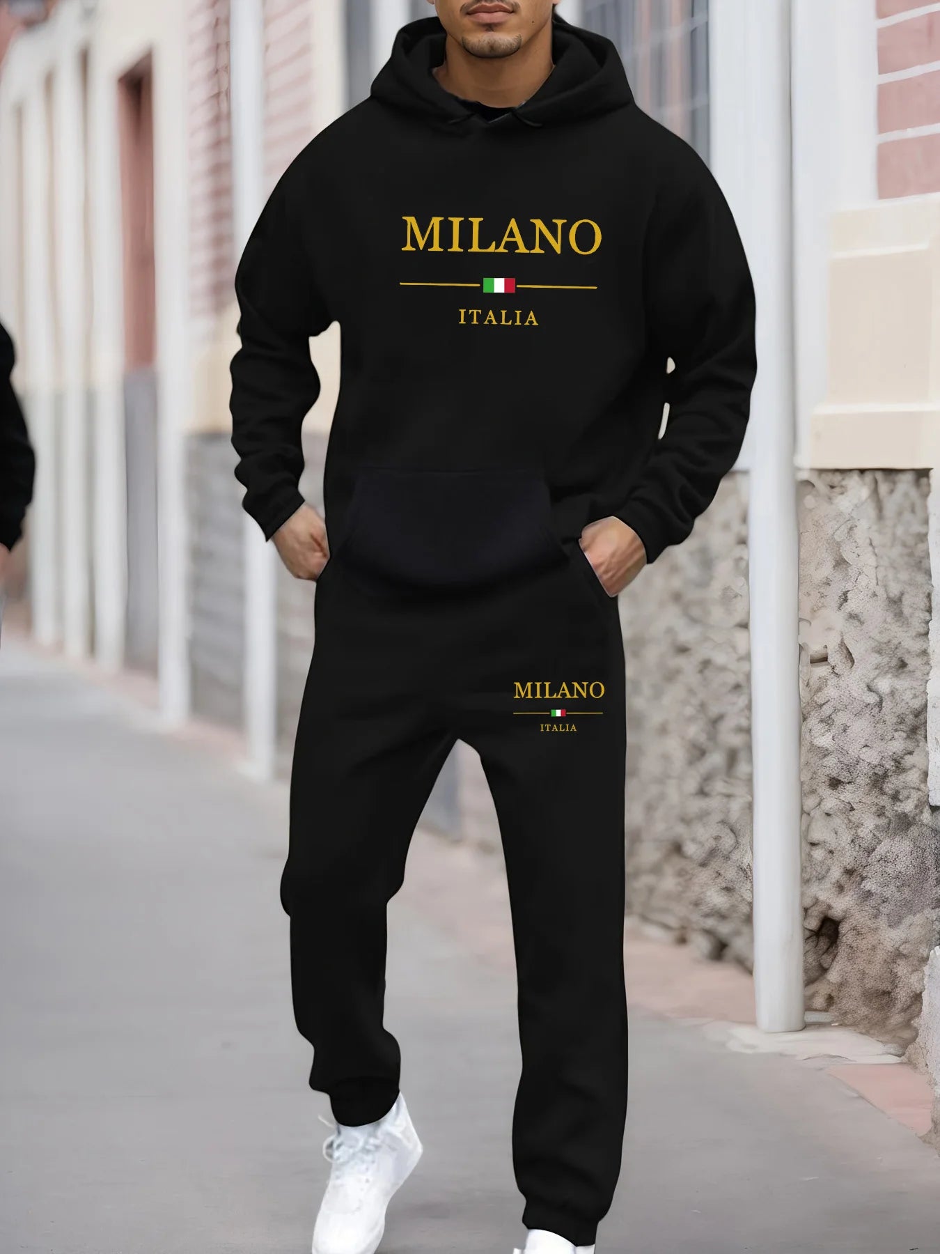 Ensemble sweat-shirt à capuche + pantalon de survêtement pour hommes, mode décontractée, chaud, motif MILANO ITALIA imprimé, ample, peluche épaisse, automne et hiver
