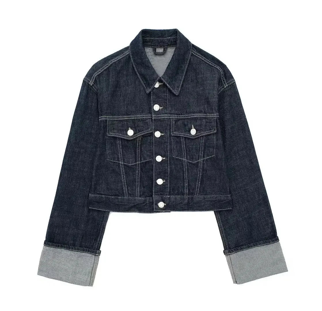 HH – costume en Denim Vintage pour femme, manteau à revers à manches longues et simple boutonnage + jean taille haute à jambes larges, ensemble de mode de rue, automne 2024