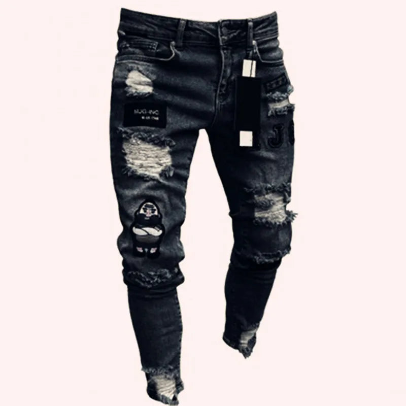 Nouveaux jeans brodés à grain fin pour hommes, pantalons en denim hip-hop coupe slim à trou élastique en coton, jeans décontractés pour hommes, pantalons de jogging
