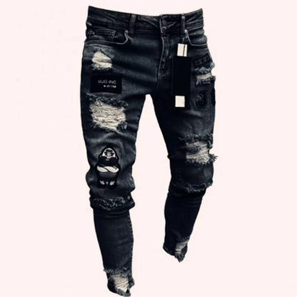 Nouveaux jeans brodés à grain fin pour hommes, pantalons en denim hip-hop coupe slim à trou élastique en coton, jeans décontractés pour hommes, pantalons de jogging