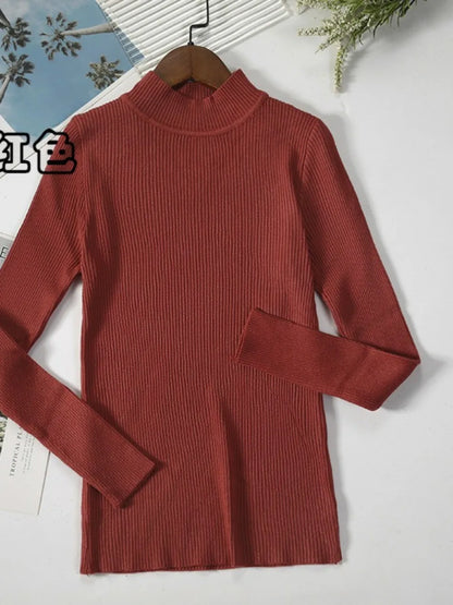 Nouveau en automne hiver femmes à manches longues tricoté col mi-haut côtelé Pull Pull doux chaud Femme Pull Pull vêtements