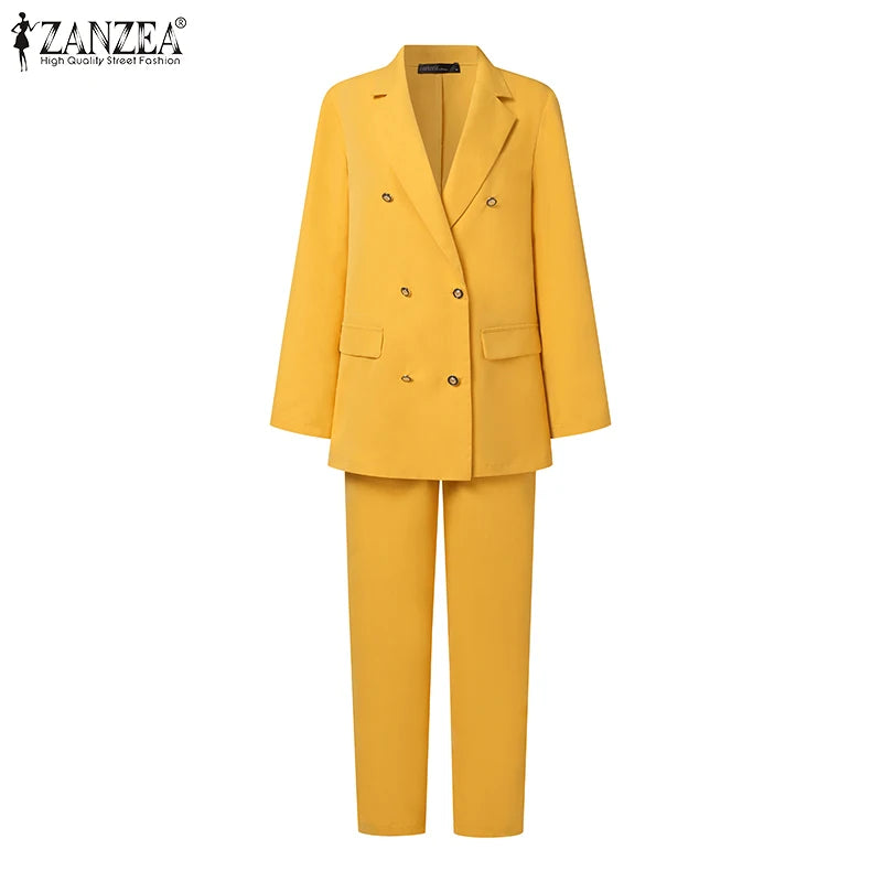 ZANZEA femmes mode 2 pièces Blazer costumes cranté revers à manches longues Blazer pantalon ensembles élégant bureau dame solide 2 pièces tenues