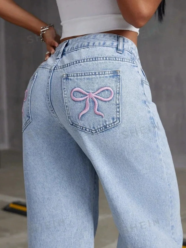 Jean pantalon droit femmes Denim lavé Jean pleine longueur maman broderie poches ample taille haute Vintage fermeture éclair mouche épissé