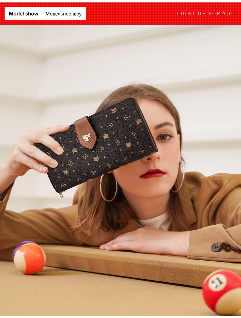 FOXER femmes Long portefeuille carte et porte-passeport élégant pochette dame monogramme PVC avec bracelet sac de téléphone portable femme porte-monnaie