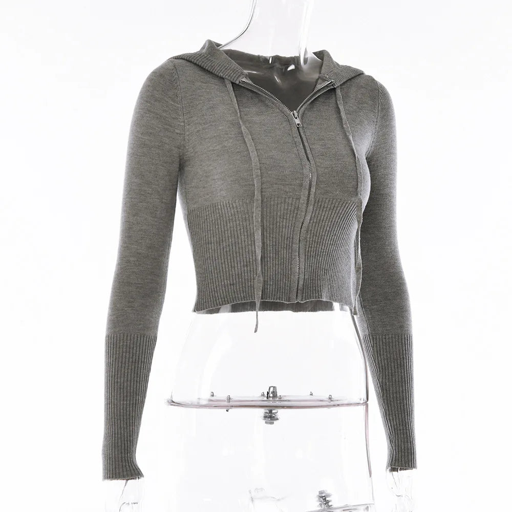 Ensemble tricoté 2 pièces pour femmes, survêtement à manches longues, fermeture éclair, pull à capuche, haut court, pantalon évasé, extensible, assorti, tenue