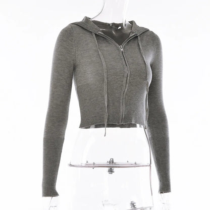 Ensemble tricoté 2 pièces pour femmes, survêtement à manches longues, fermeture éclair, pull à capuche, haut court, pantalon évasé, extensible, assorti, tenue