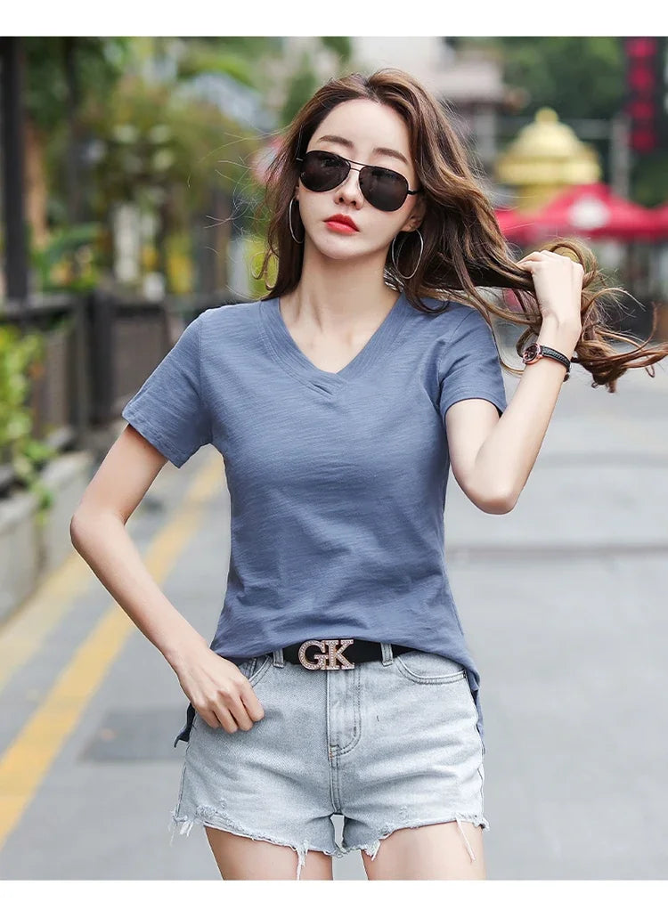 T-Shirt pour femmes 2025 été hauts basique solide coton T-Shirt décontracté Femme vêtements col en v t-shirts à manches courtes T-Shirt Femme
