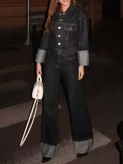 HH – costume en Denim Vintage pour femme, manteau à revers à manches longues et simple boutonnage + jean taille haute à jambes larges, ensemble de mode de rue, automne 2024