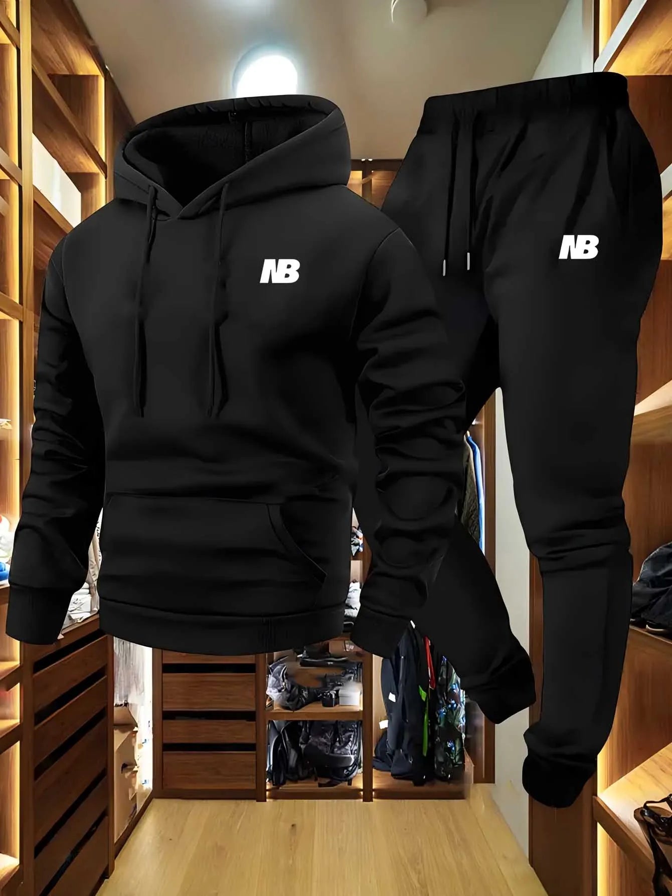 Ensemble deux pièces sportif pour hommes, sweat à capuche et pantalon, logo gris noir, coupe régulière non extensible avec poches pour l'automne/hiver