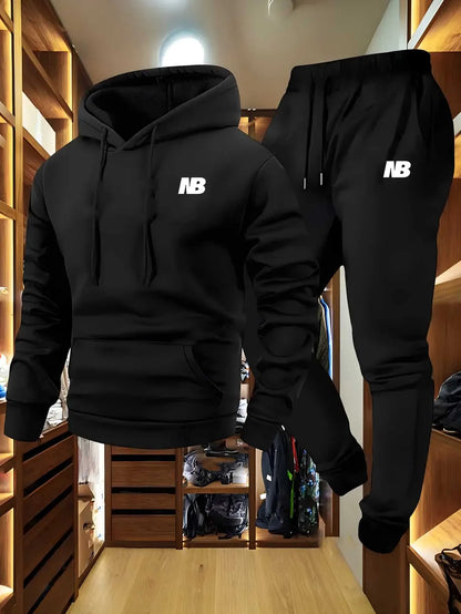 Ensemble deux pièces sportif pour hommes, sweat à capuche et pantalon, logo gris noir, coupe régulière non extensible avec poches pour l'automne/hiver