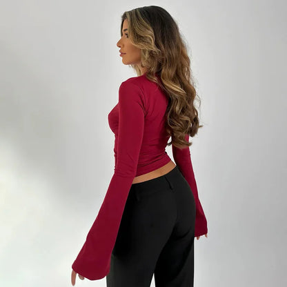 T-shirt en patchwork de dentelle pour femme, haut court sexy, manches évasées, col en V fin, précieux, streetwear pour femme, printemps, été, 2025