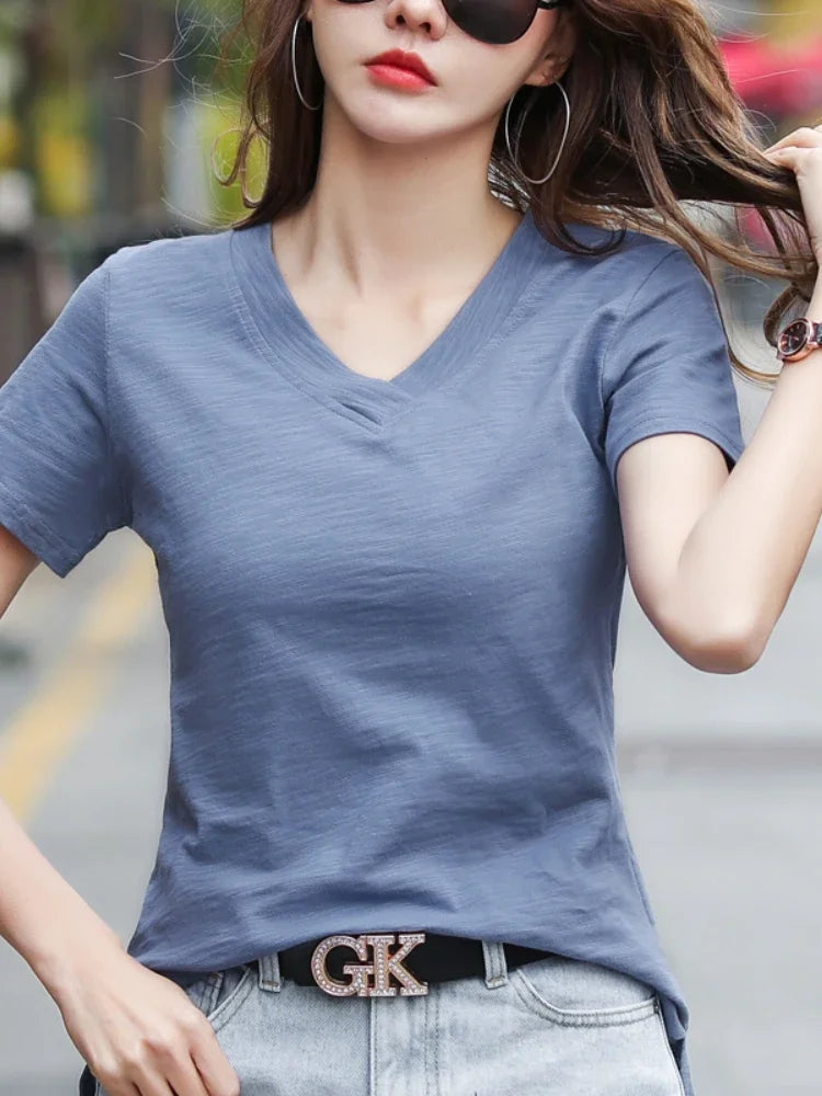 T-Shirt pour femmes 2025 été hauts basique solide coton T-Shirt décontracté Femme vêtements col en v t-shirts à manches courtes T-Shirt Femme