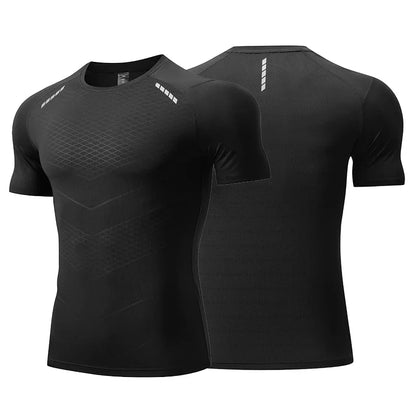 Hommes mince glace soie hauts course à manches courtes sport T-shirt gymnase Fitness entraînement musculaire sweat sec ajustement serré survêtements