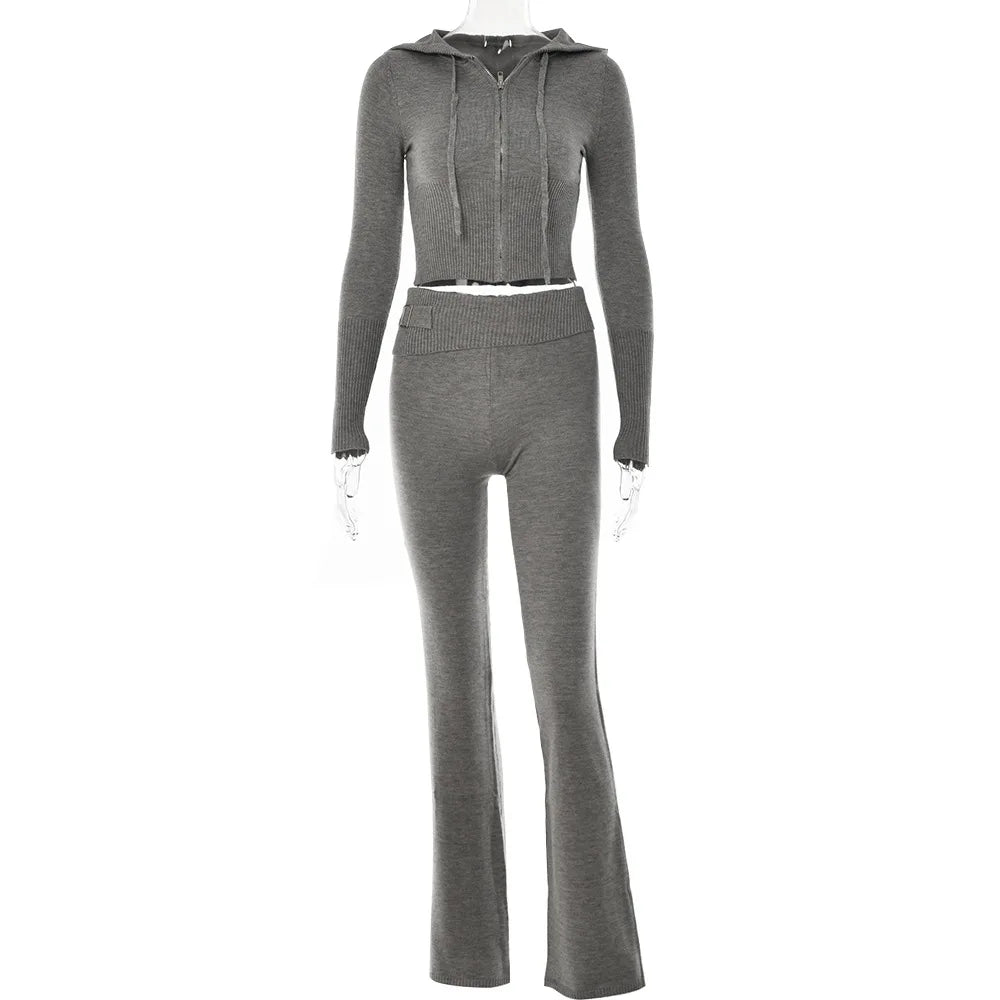 Ensemble tricoté 2 pièces pour femmes, survêtement à manches longues, fermeture éclair, pull à capuche, haut court, pantalon évasé, extensible, assorti, tenue
