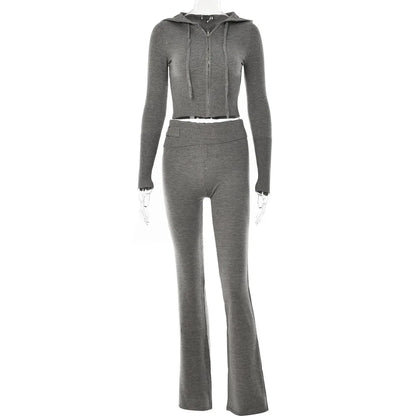 Ensemble tricoté 2 pièces pour femmes, survêtement à manches longues, fermeture éclair, pull à capuche, haut court, pantalon évasé, extensible, assorti, tenue