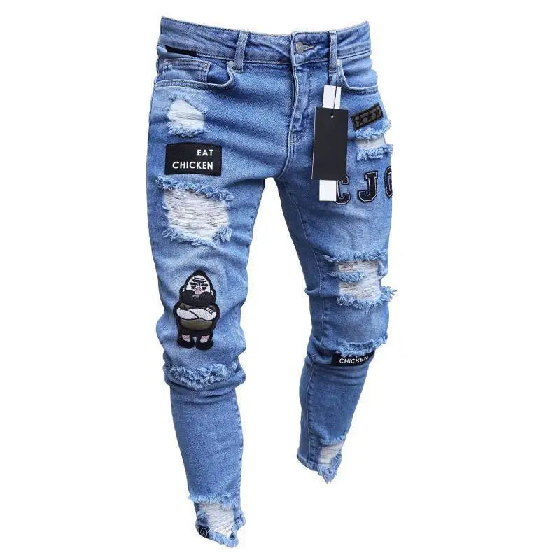 Nouveaux jeans brodés à grain fin pour hommes, pantalons en denim hip-hop coupe slim à trou élastique en coton, jeans décontractés pour hommes, pantalons de jogging
