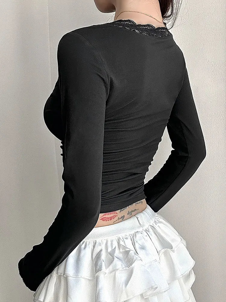 T-shirt femme nouveau Streetwear printemps mode décontracté mince T-shirt élégant femme Sexy noir dame polyvalent tricoté t-shirts vêtements