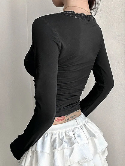 T-shirt femme nouveau Streetwear printemps mode décontracté mince T-shirt élégant femme Sexy noir dame polyvalent tricoté t-shirts vêtements