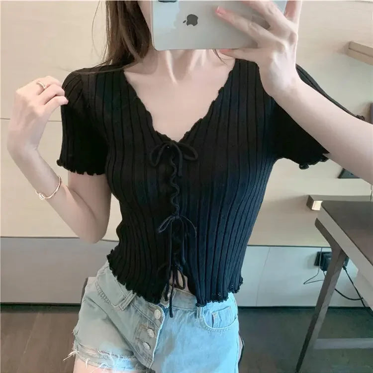 T-shirt à manches courtes pour femmes, haut court, blanc, été