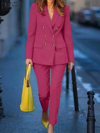 ZANZEA femmes mode 2 pièces Blazer costumes cranté revers à manches longues Blazer pantalon ensembles élégant bureau dame solide 2 pièces tenues