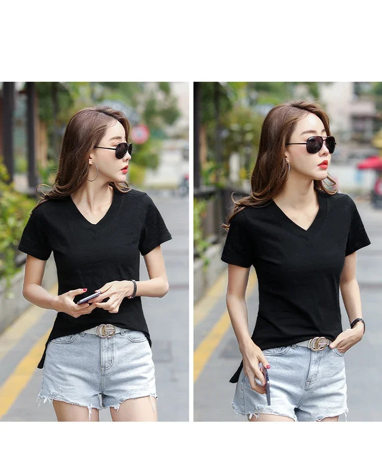 T-Shirt pour femmes 2025 été hauts basique solide coton T-Shirt décontracté Femme vêtements col en v t-shirts à manches courtes T-Shirt Femme