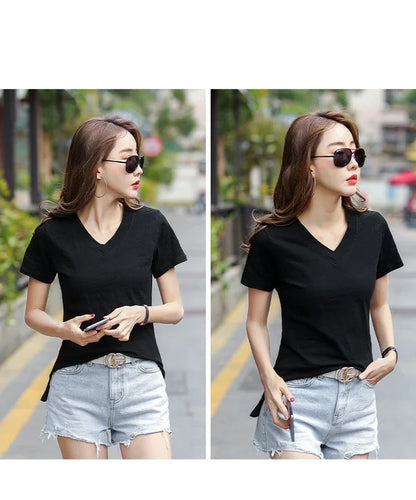 T-Shirt pour femmes 2025 été hauts basique solide coton T-Shirt décontracté Femme vêtements col en v t-shirts à manches courtes T-Shirt Femme