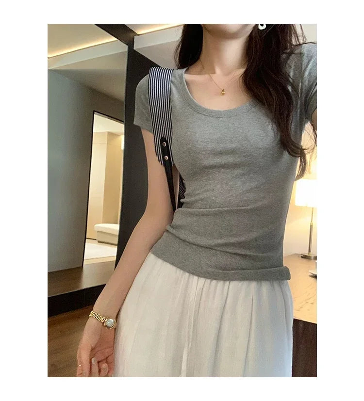 Femme 2025 été décontracté coton t-shirt pour femmes à manches courtes t-shirts mode femmes vêtements mince basique col rond Y2K t-shirt