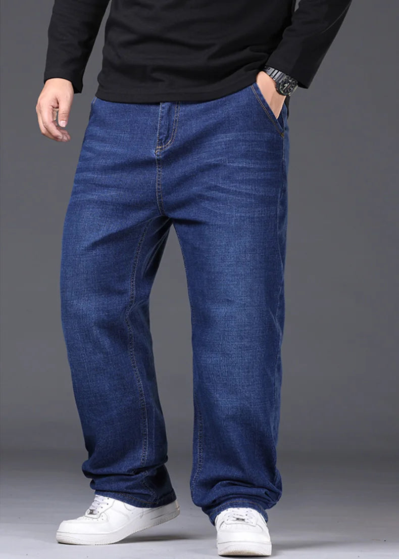 Jean extensible pour hommes, 29 à 50 tailles, pantalon en Denim à jambe droite, taille étendue, bleu/noir, Streetwear, coupe décontractée pour le travail et le décontracté