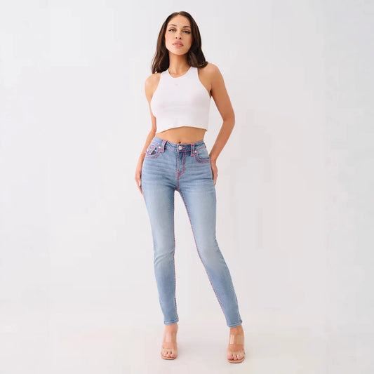Jennie taille moyenne Super T Jean maigre broderie femmes Jean haute rue Sexy taille haute Jean femme décontracté serré lavé pantalon