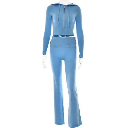 Ensemble tricoté 2 pièces pour femmes, survêtement à manches longues, fermeture éclair, pull à capuche, haut court, pantalon évasé, extensible, assorti, tenue