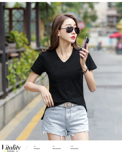 T-Shirt pour femmes 2025 été hauts basique solide coton T-Shirt décontracté Femme vêtements col en v t-shirts à manches courtes T-Shirt Femme