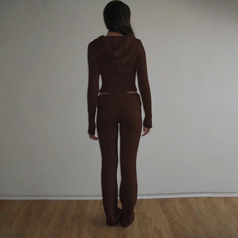 Ensemble tricoté 2 pièces pour femmes, survêtement à manches longues, fermeture éclair, pull à capuche, haut court, pantalon évasé, extensible, assorti, tenue