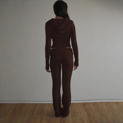 Ensemble tricoté 2 pièces pour femmes, survêtement à manches longues, fermeture éclair, pull à capuche, haut court, pantalon évasé, extensible, assorti, tenue