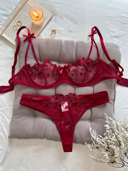 Nuit belle femmes Sexy 2 pièces broderie florale sous-vêtements Sexy lingerie érotique ensemble de sous-vêtements