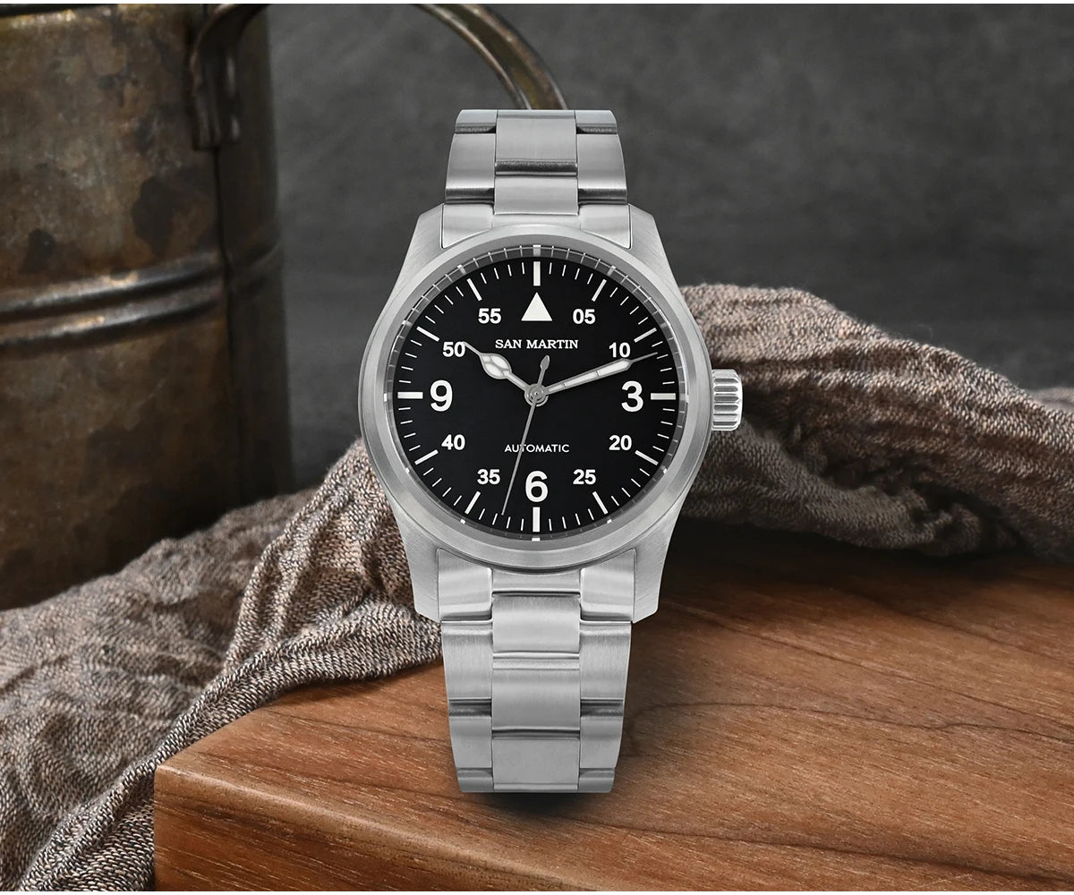 San Martin – montre pilote pour hommes, 37mm, Miyota 8215, mode Simple, militaire, automatique, mécanique, étanche à 100m, BGW-9