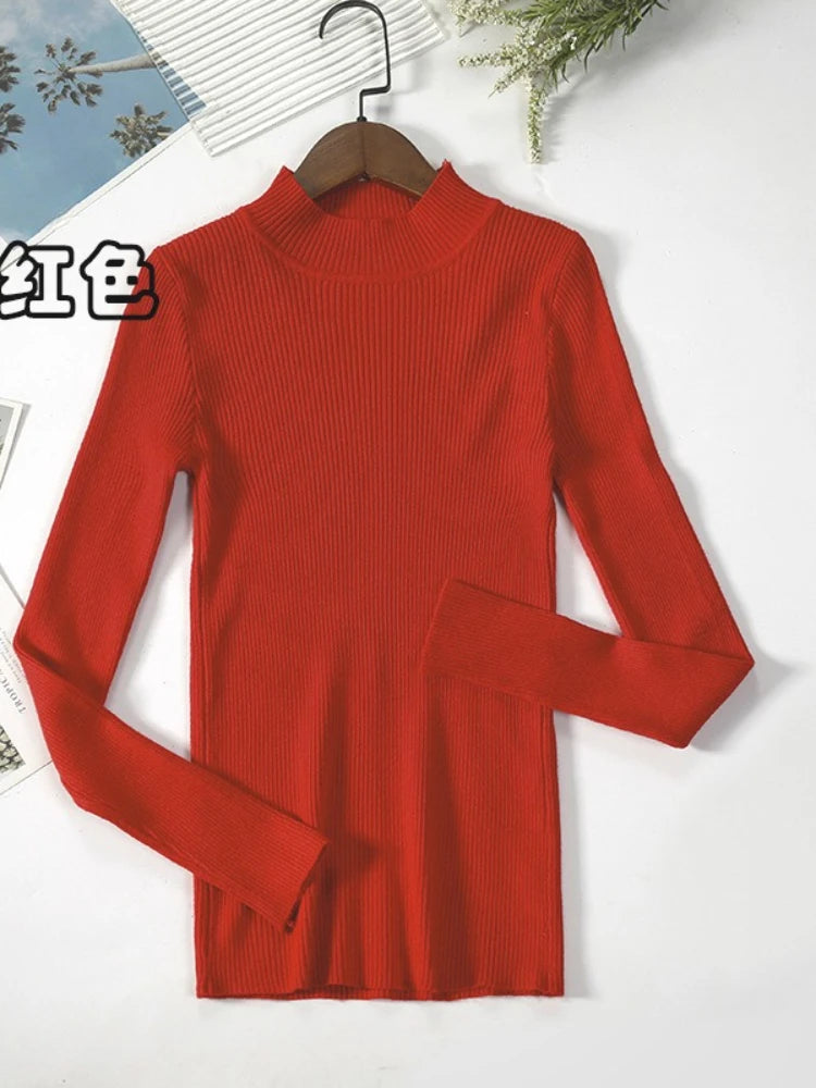 Nouveau en automne hiver femmes à manches longues tricoté col mi-haut côtelé Pull Pull doux chaud Femme Pull Pull vêtements