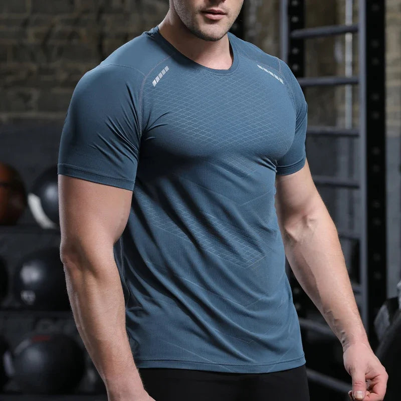 Hommes mince glace soie hauts course à manches courtes sport T-shirt gymnase Fitness entraînement musculaire sweat sec ajustement serré survêtements