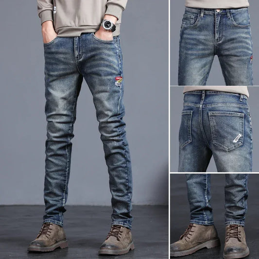 Jean Vintage pour hommes, mode coréenne, Slim, petits pieds brodés, pantalon extensible, Streetwear, Denim, nouvelle collection 2025