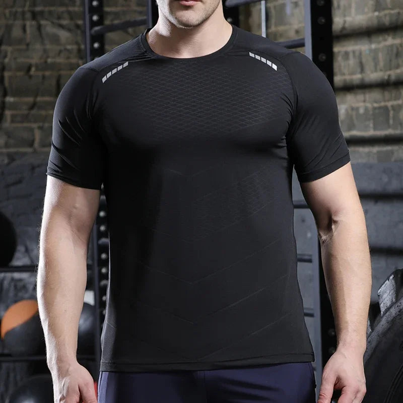 Hommes mince glace soie hauts course à manches courtes sport T-shirt gymnase Fitness entraînement musculaire sweat sec ajustement serré survêtements