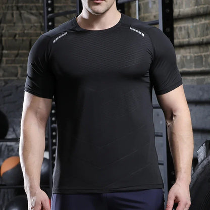 Hommes mince glace soie hauts course à manches courtes sport T-shirt gymnase Fitness entraînement musculaire sweat sec ajustement serré survêtements